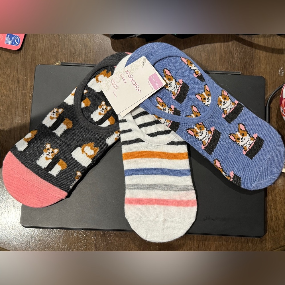 Brand New Xhilaration Sock Liners Set of 3 Corgis Sushi Stripes with Heel Grips